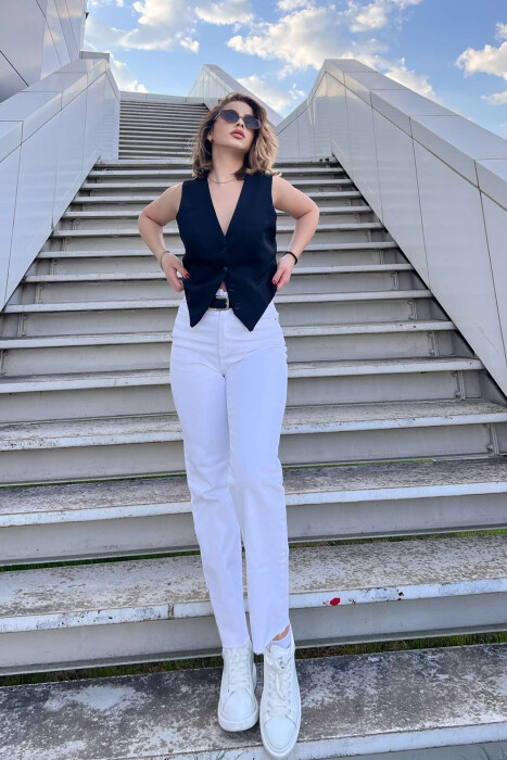 BELTED ONE COLOR SIMPLE WOMEN JEANS WHITE-E BARDHE - 1