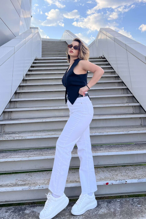 BELTED ONE COLOR SIMPLE WOMEN JEANS WHITE-E BARDHE - 3