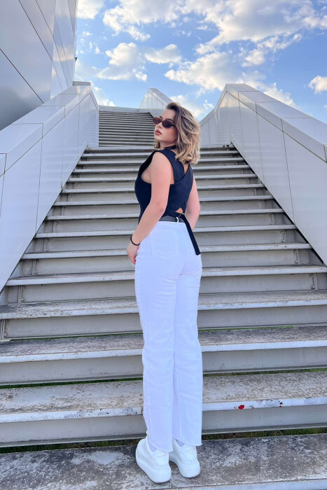 BELTED ONE COLOR SIMPLE WOMEN JEANS WHITE-E BARDHE - 4