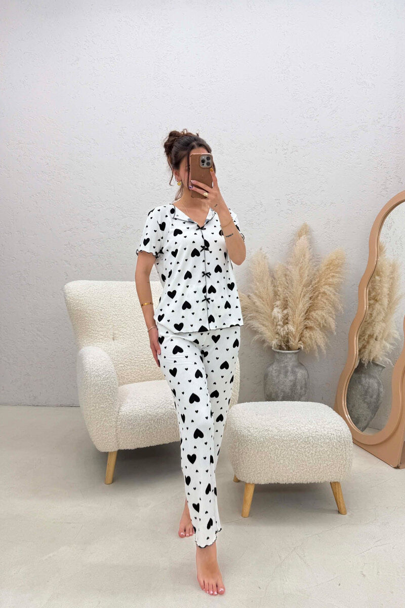 BIG HEARTS DESIGN BOW DETAIL WOMEN PYJAMAS WHITE-BLACK/BAZE - 2