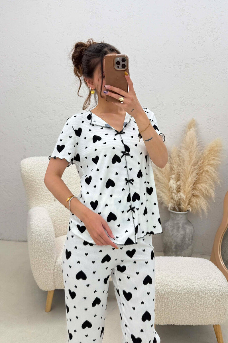 BIG HEARTS DESIGN BOW DETAIL WOMEN PYJAMAS WHITE-BLACK/BAZE - 3