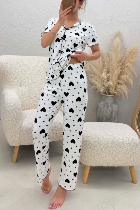 BIG HEARTS DESIGN BOW DETAIL WOMEN PYJAMAS WHITE-BLACK/BAZE - 4