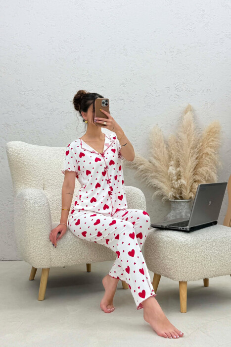 BIG HEARTS DESIGN BOW DETAIL WOMEN PYJAMAS WHITE-RED/BAKU - KLAUDIO FASHION