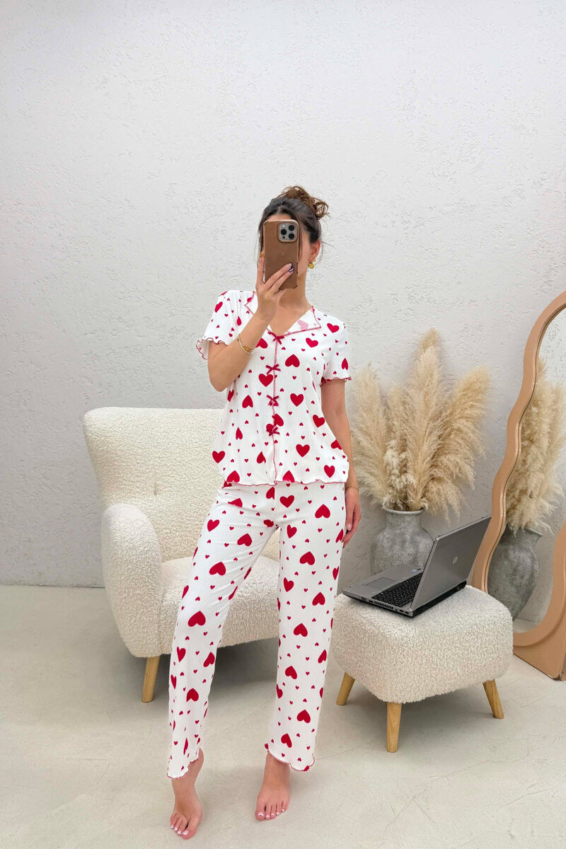 BIG HEARTS DESIGN BOW DETAIL WOMEN PYJAMAS WHITE-RED/BAKU - 2