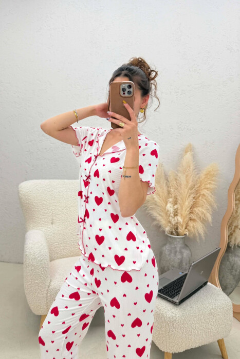 BIG HEARTS DESIGN BOW DETAIL WOMEN PYJAMAS WHITE-RED/BAKU - 3