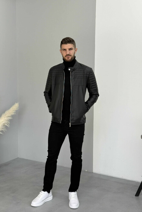 BIKER LEATHER ZIPPER ONE COLOR MEN JACKET BLACK/ E ZEZE - 2