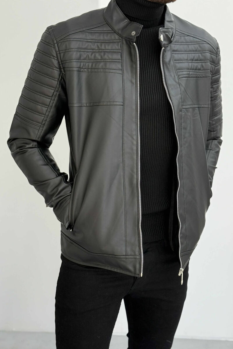 BIKER LEATHER ZIPPER ONE COLOR MEN JACKET BLACK/ E ZEZE - 1