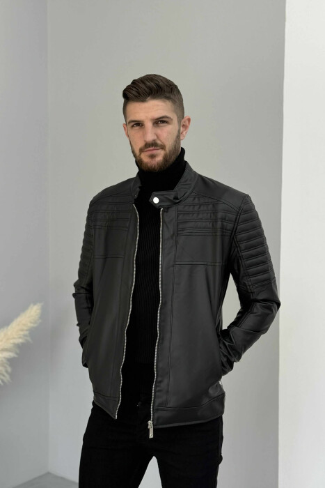 BIKER LEATHER ZIPPER ONE COLOR MEN JACKET BLACK/ E ZEZE - 3