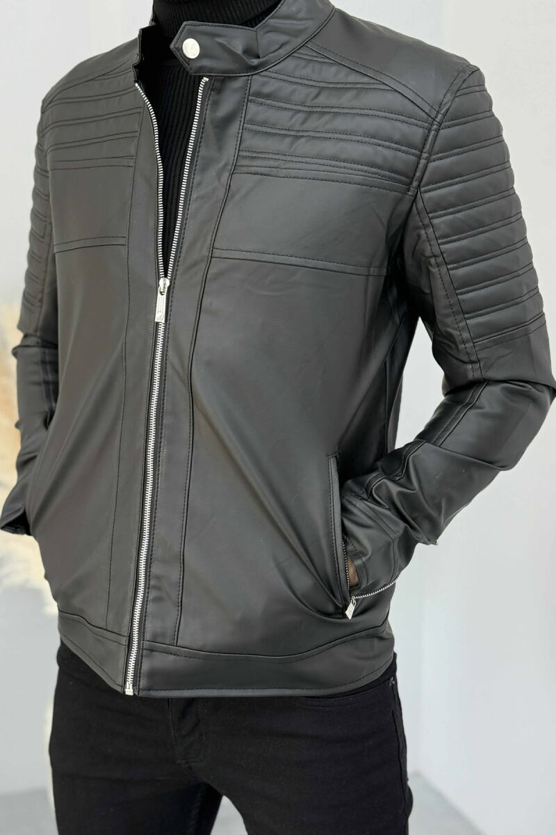 BIKER LEATHER ZIPPER ONE COLOR MEN JACKET BLACK/ E ZEZE - 5