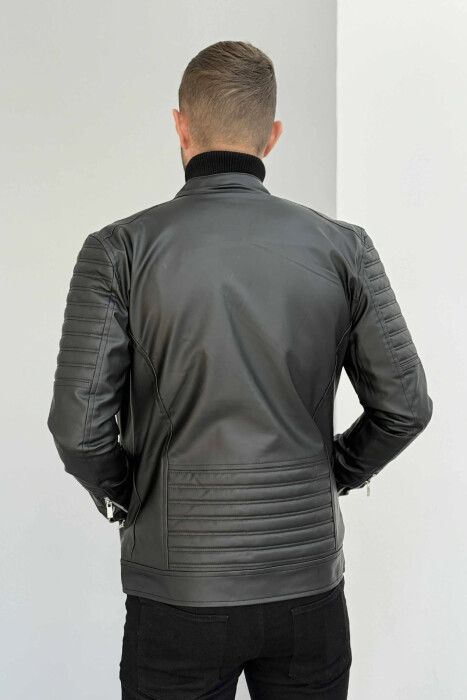 BIKER LEATHER ZIPPER ONE COLOR MEN JACKET BLACK/ E ZEZE - 6