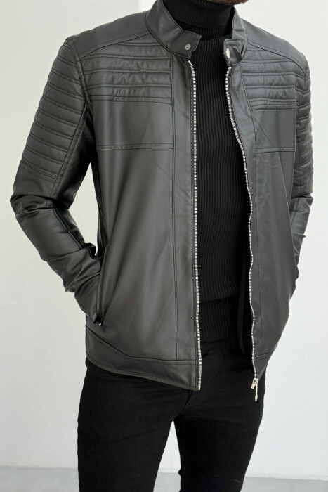 BIKER LEATHER ZIPPER ONE COLOR MEN JACKET BLACK/ E ZEZE - KLAUDIO FASHION