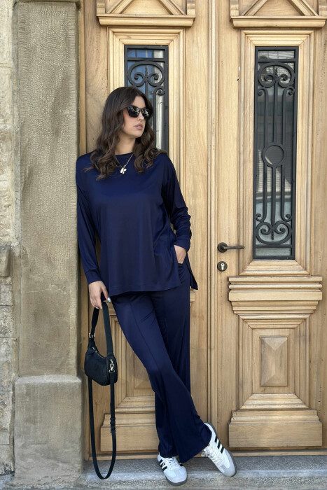 T-SHIRT+WIDE LEG SWEATPANTS ONE COLOR WOMEN SET BLUE/BLU 