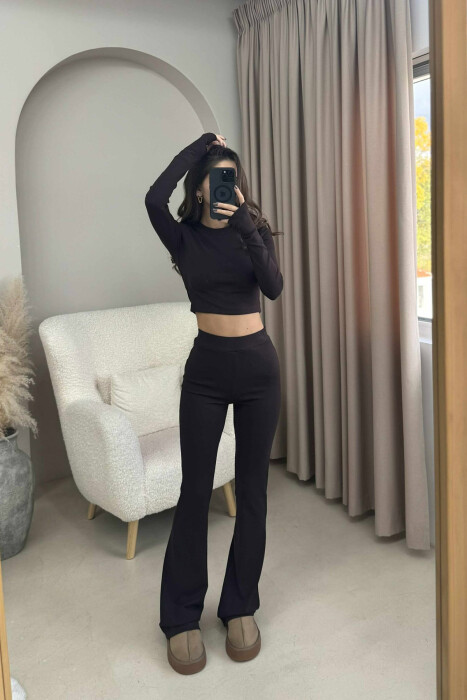 BLOUSE+TROUSERS ONE COLOR WOMEN SET DARK BROWN/KAE 