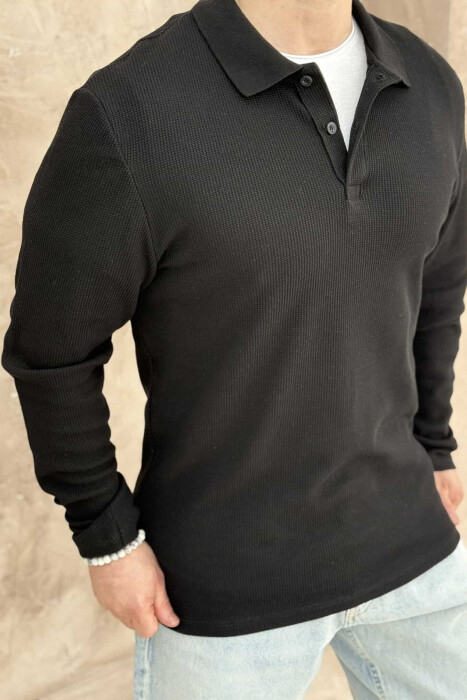 BLUZË ME JAKË POLO ME TEKSTURË PËR MESHKUJ NË NGJYRËN E ZEZË - 2