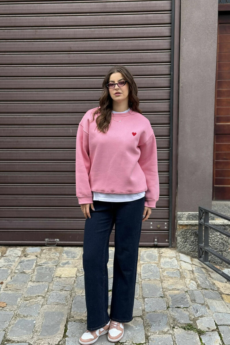 ONE COLOR FLUFFY HEART LOGO WOMEN SWEATSHIRT PINK/ROZE - 2