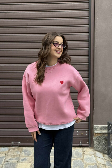 ONE COLOR FLUFFY HEART LOGO WOMEN SWEATSHIRT PINK/ROZE - 3