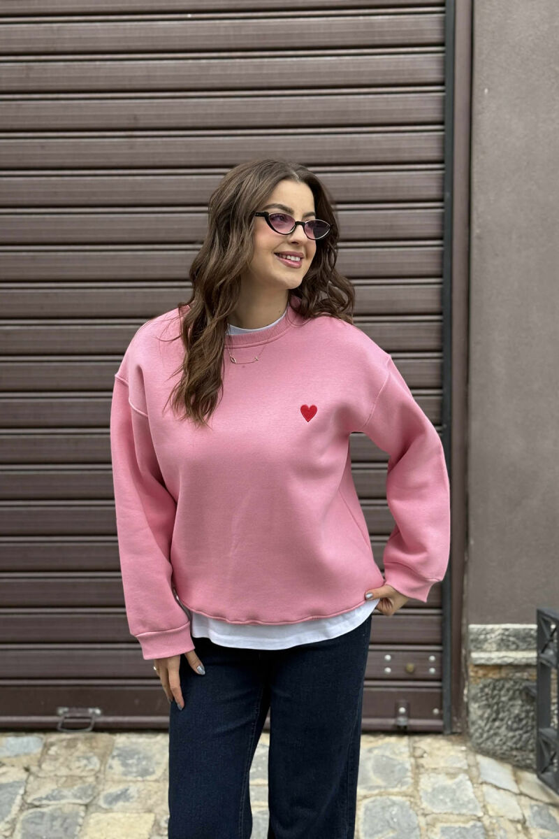 ONE COLOR FLUFFY HEART LOGO WOMEN SWEATSHIRT PINK/ROZE - 3