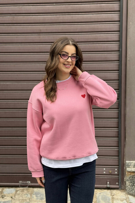 ONE COLOR FLUFFY HEART LOGO WOMEN SWEATSHIRT PINK/ROZE - 4