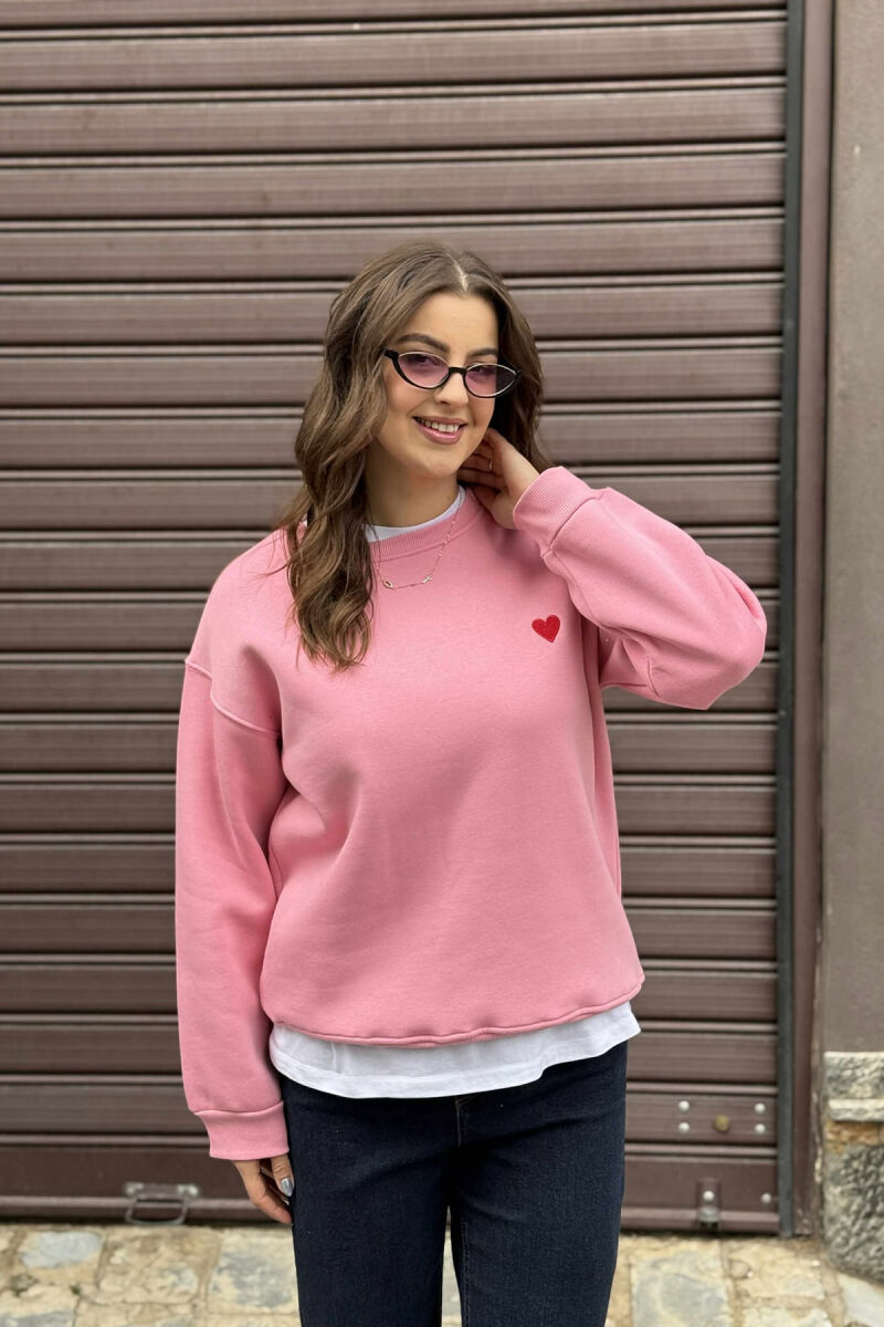 ONE COLOR FLUFFY HEART LOGO WOMEN SWEATSHIRT PINK/ROZE - 4