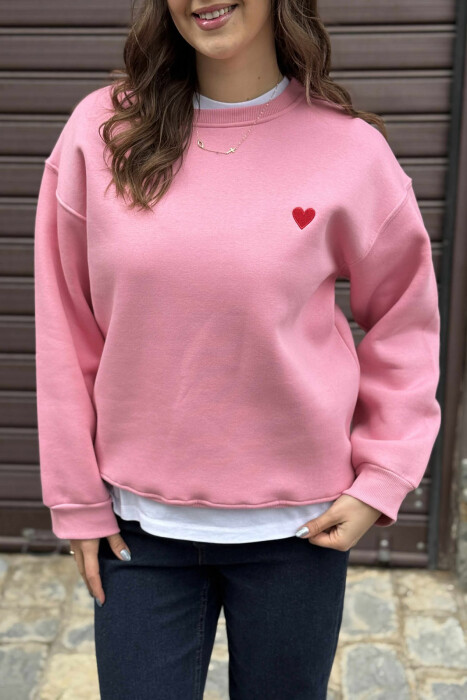 ONE COLOR FLUFFY HEART LOGO WOMEN SWEATSHIRT PINK/ROZE - 1