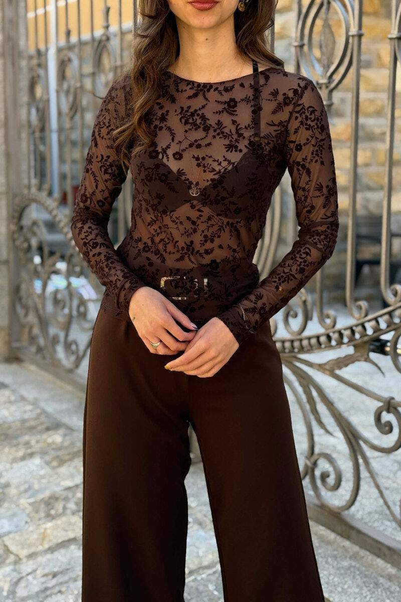 BLUZE NJE NGJYRESHE ME DANTELLE PER FEMRA NE NGJYRE KAFE - 1