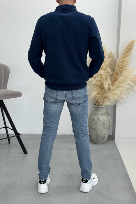 BLUZË NJË NGJYRËSHE ME JAKË POLO DHE BUTONA PËR MESHKUJ NË NGJYRËN BLU MARINË - 5