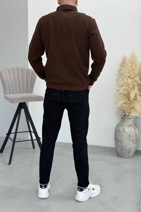 BLUZË NJË NGJYRËSHE ME JAKË POLO DHE BUTONA PËR MESHKUJ NË NGJYRËN KAFE - 3