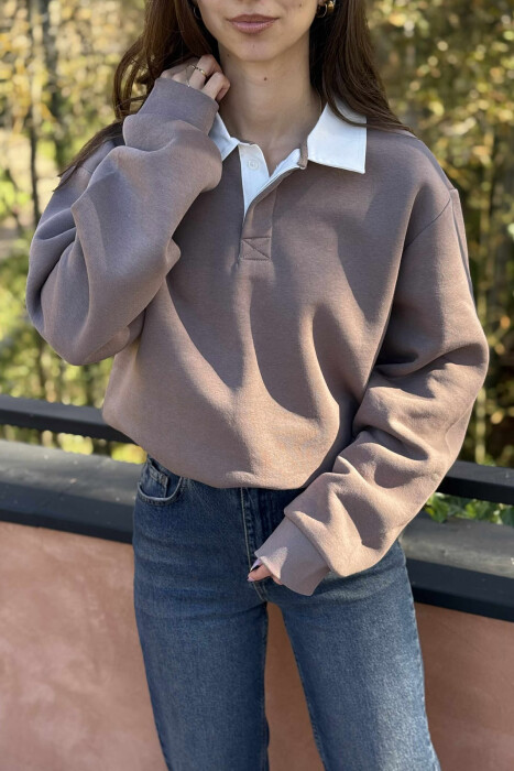 BLUZË NJË NGJYRËSHE ME PUSH DHE JAKË POLO PËR FEMRA NË NGJYRË KAFE - 5