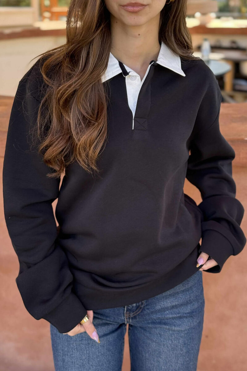 BLUZË NJË NGJYRËSHE ME PUSH DHE JAKË POLO PËR FEMRA NË NGJYRË TË ZEZË - 3