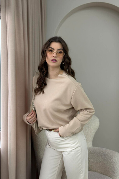 BLUZË NJËNGJYRËSHE ME JAKË TË RRUMBULLAKËT PËR FEMRA NË NGJYRËN BEZHË - 4