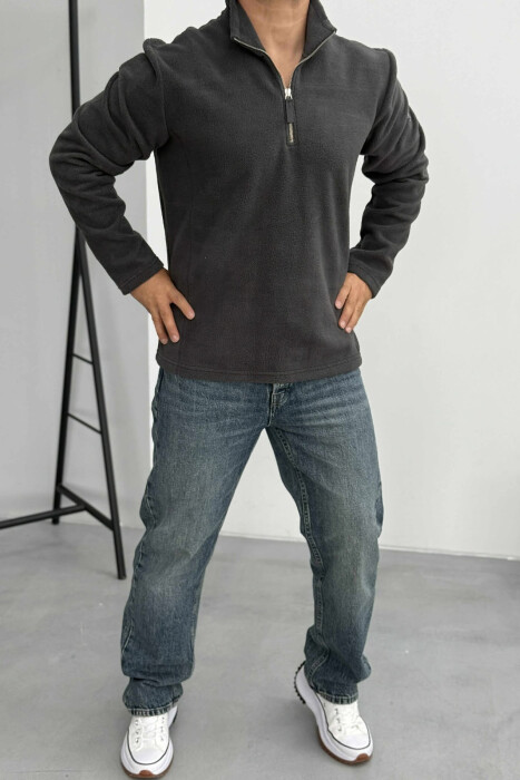 BLUZË POLARE NJË NGJYRËSHE ME JAKË ME ZINXHIR PËR MESHKUJ NË NGJYRËN GRI TË ERRËT - 1