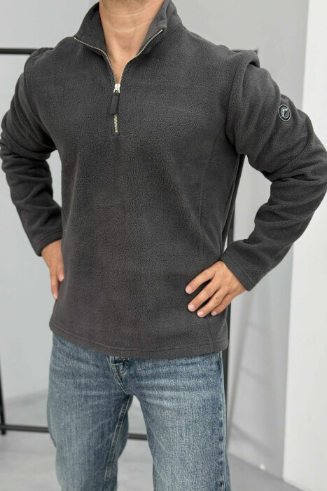 BLUZË POLARE NJË NGJYRËSHE ME JAKË ME ZINXHIR PËR MESHKUJ NË NGJYRËN GRI TË ERRËT - 4