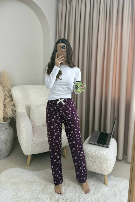 BOW DETAIL FLOWERS DESIGN WOMEN JOGGERS DARK PURPLE/LEJLA ERRET - KLAUDIO FASHION