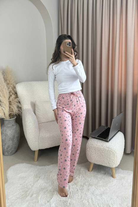 BOW DETAIL FLOWERS DESIGN WOMEN JOGGERS POWDER/PUDER - KLAUDIO FASHION