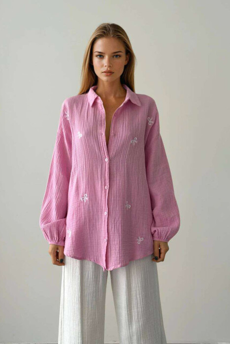 BOW DETAILS ONE COLOR WOMEN SHIRT PINK/ROZE 
