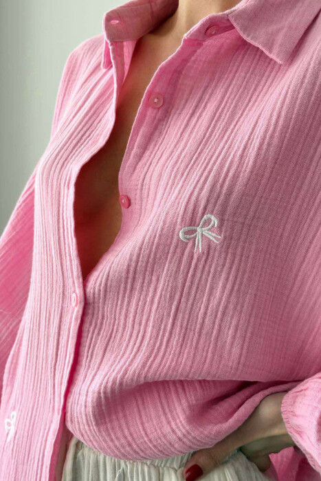 BOW DETAILS ONE COLOR WOMEN SHIRT PINK/ROZE - 2