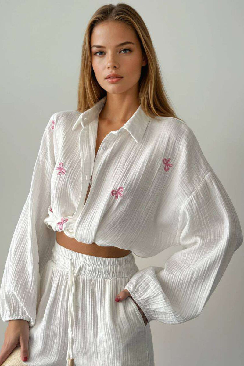 BOW DETAILS ONE COLOR WOMEN SHIRT WHITE-E BARDHE - 1