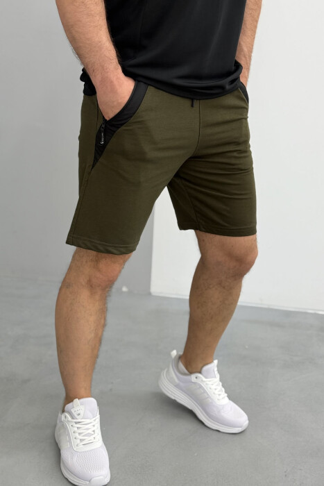 BROKED RULES WRITTING ZIPPER POCKETS MEN SHORT SWEATPANTS GREEN/JESHILE 