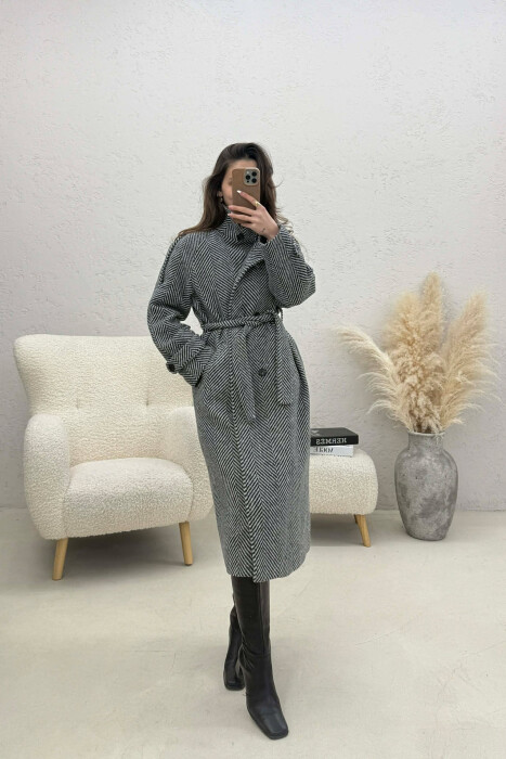 BUTTON DETAILS LONG WOMAN COAT BLACK-GREY/ZEGR 