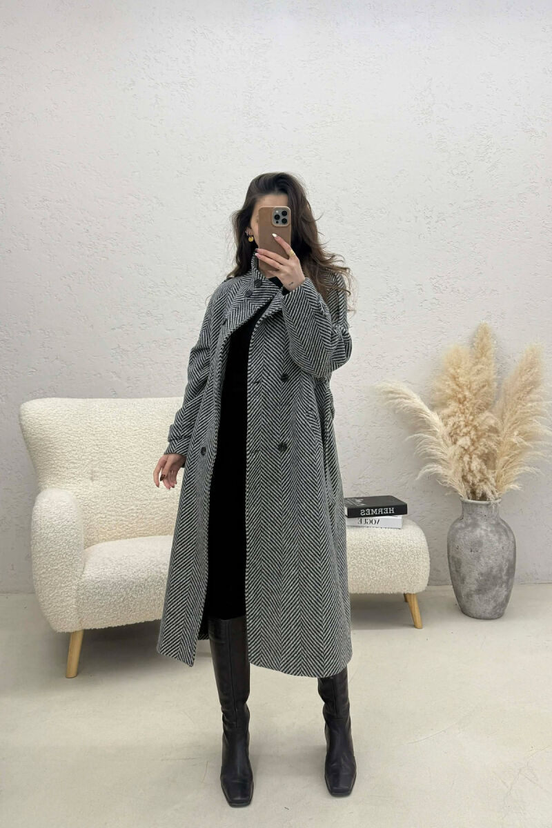 BUTTON DETAILS LONG WOMAN COAT BLACK-GREY/ZEGR - 2