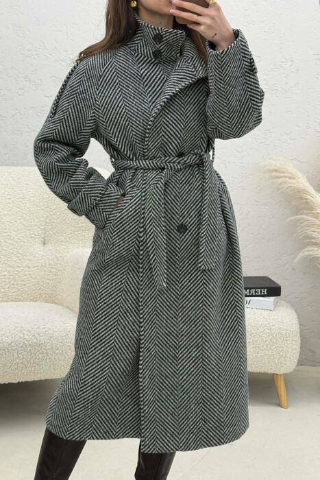 BUTTON DETAILS LONG WOMAN COAT BLACK-GREY/ZEGR - 3