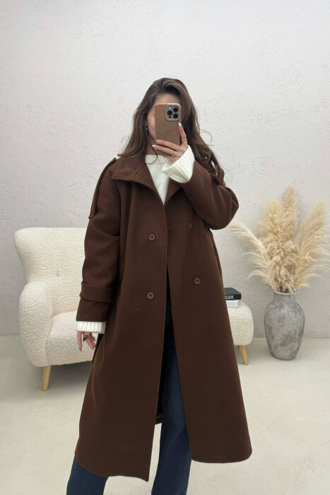 BUTTON DETAILS LONG WOMAN COAT BROWN/KAFE - 1
