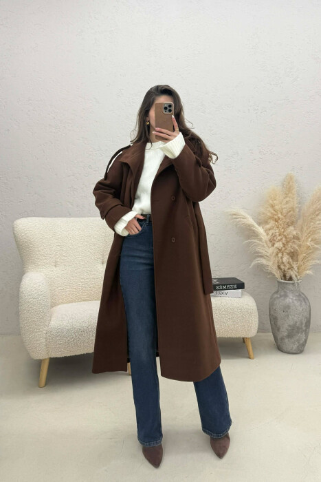 BUTTON DETAILS LONG WOMAN COAT BROWN/KAFE - 3