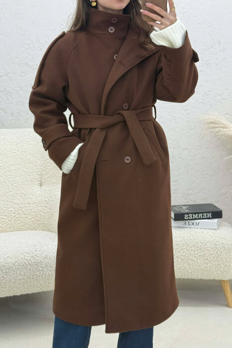 BUTTON DETAILS LONG WOMAN COAT BROWN/KAFE - 4