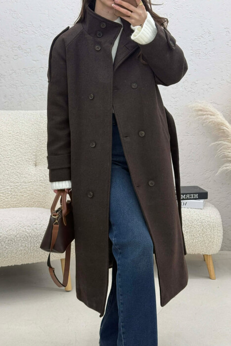 BUTTON DETAILS LONG WOMAN COAT DARK BROWN/KAE - 4