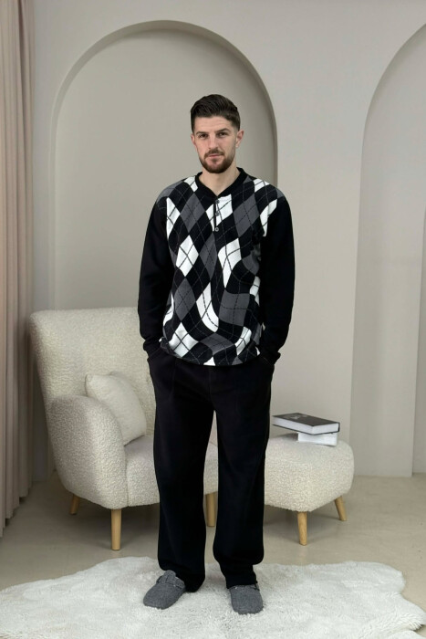 BUTTON NECK SWEATSHIRT+SWEATPANTS MEN PYJAMAS BLACK-GREY/ZEGR - 1