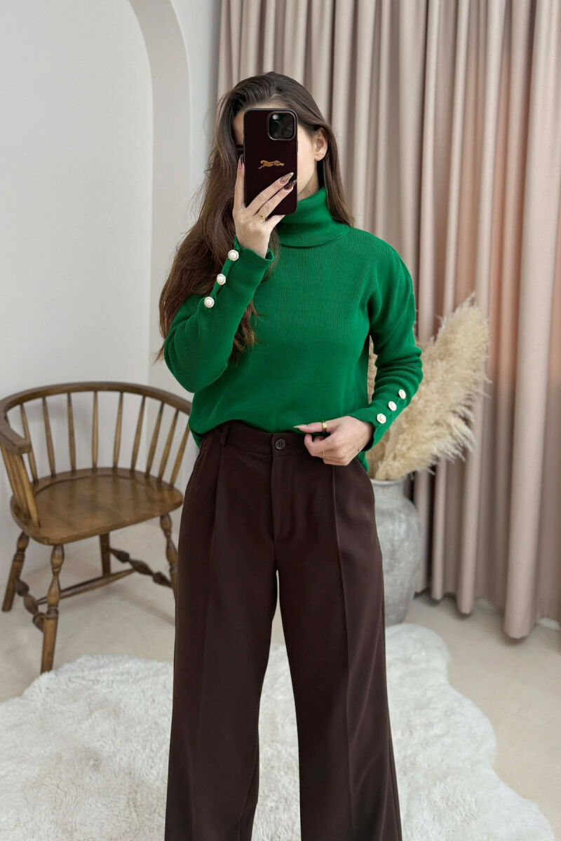 BUTTON SLEVEE HIGH NECK WOMAN SWEATER DARK GREEN/JEE - 2