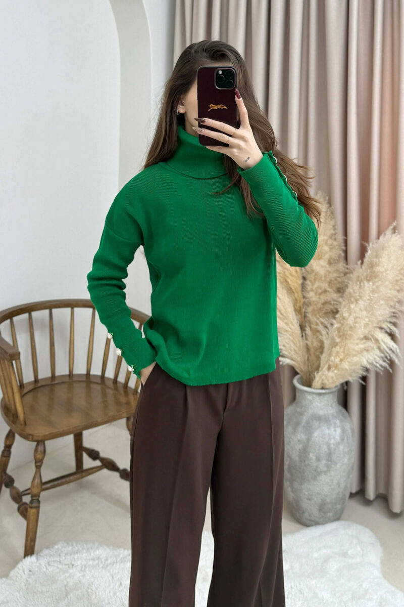 BUTTON SLEVEE HIGH NECK WOMAN SWEATER DARK GREEN/JEE - 3