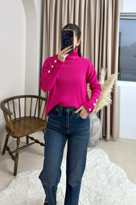BUTTON SLEVEE HIGH NECK WOMAN SWEATER FUCHSIA/CIKLAMI - 2