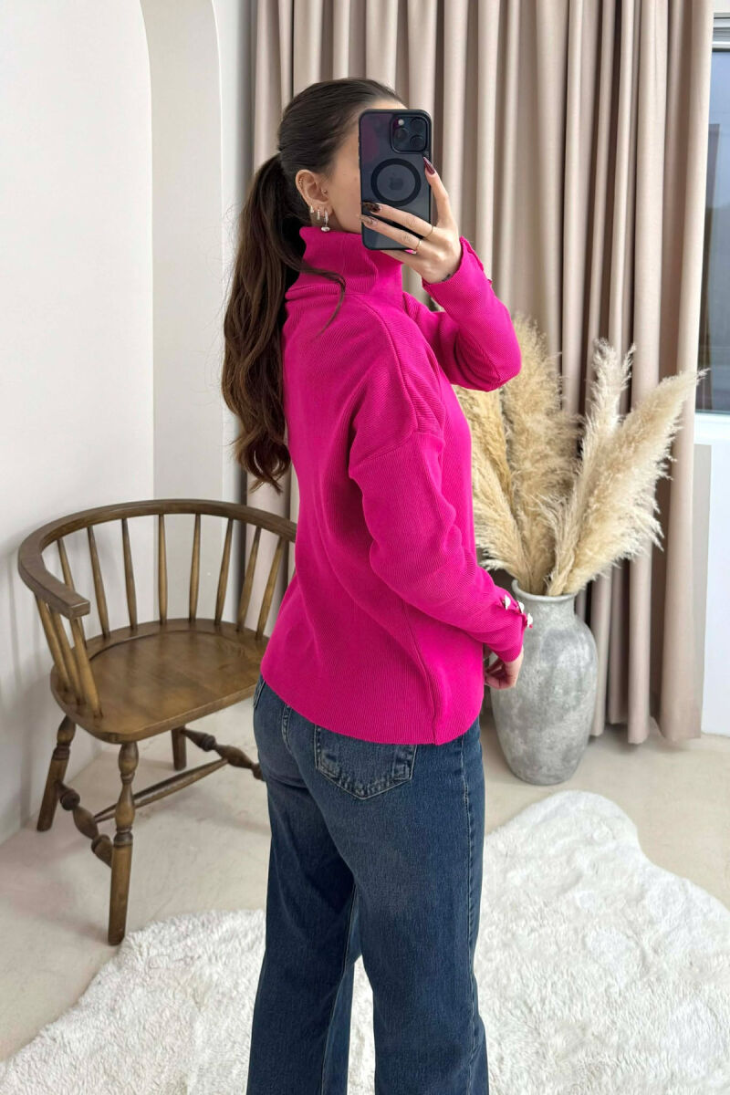 BUTTON SLEVEE HIGH NECK WOMAN SWEATER FUCHSIA/CIKLAMI - 3